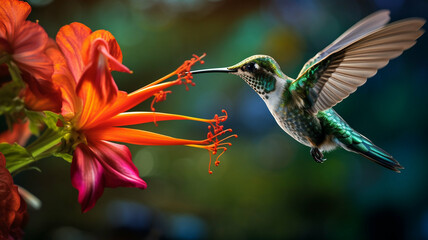 Fototapeta premium Hummingbird feeding on a vibrant red-orange flower in mid-flight.