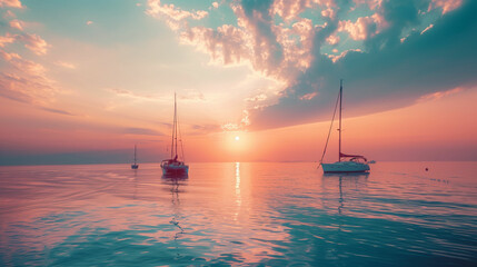 Fototapeta premium Sailboats anchored peacefully at sunset on a calm sea, showcasing stunning colors and serene reflections