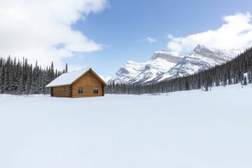 Charming Snow-Covered Cabin Nestled in a Serene Winter Landscape, Surrounded by Majestic Snowy Pines Under a Clear Blue Sky