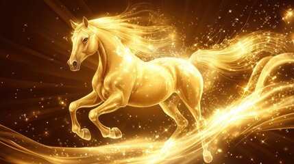 Elegant golden horse vector art with flowing mane and graceful posture, shining against a luxurious background of glowing jewelry rays