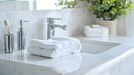 Fototapeta premium Interior of a white bathroom. Clean bathroom counter surface