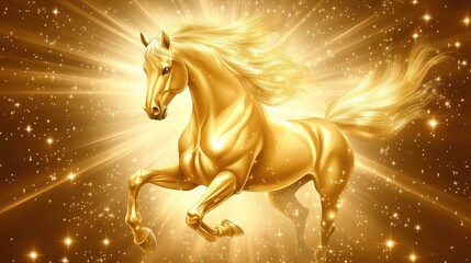 Elegant golden horse vector illustration, rearing up with flowing mane, set against a luxurious background of radiant diamond rays