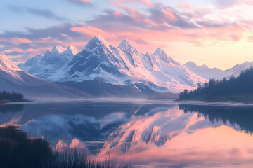 Serene Mountain Landscape at Dawn with Reflective Lake and Snow Capped Peaks