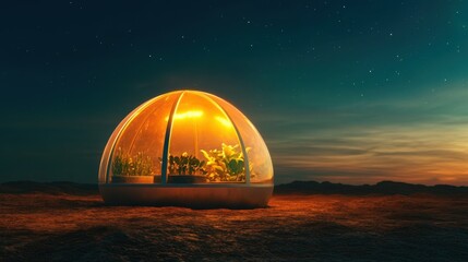 Pioneering Eco-Friendly Space Colonization: Futuristic Mars-like Greenhouse Teeming with Thriving Plants in a Controlled Environment