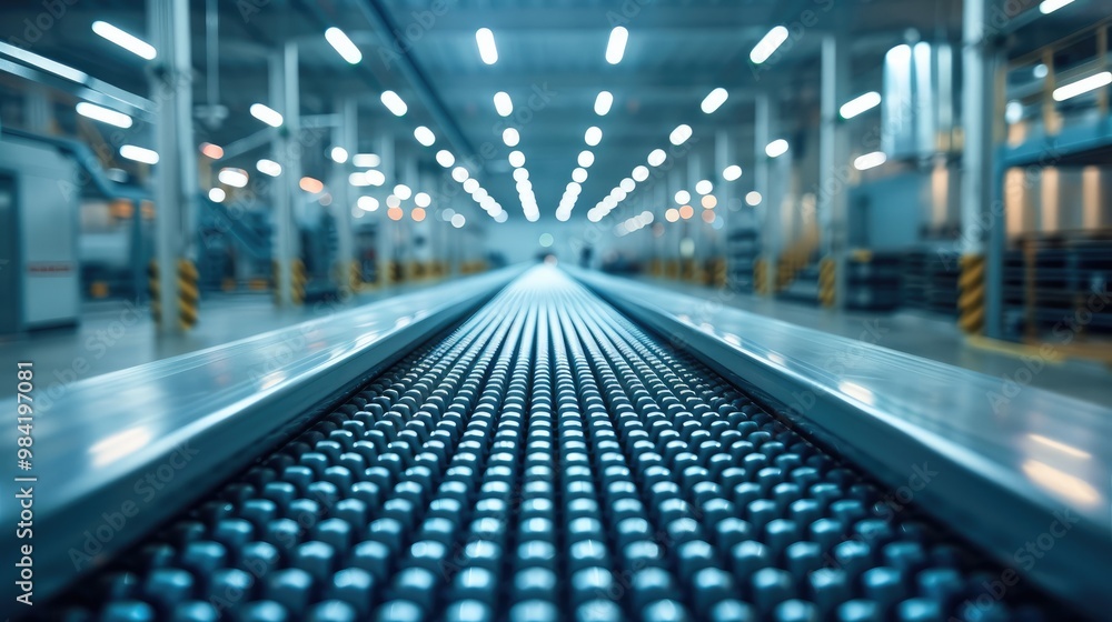 Poster inside of a factory with a long conveyor belt. generative ai.