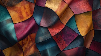 Fototapeta premium Abstract design featuring colorful, wavy patterns resembling fabric or tiles.