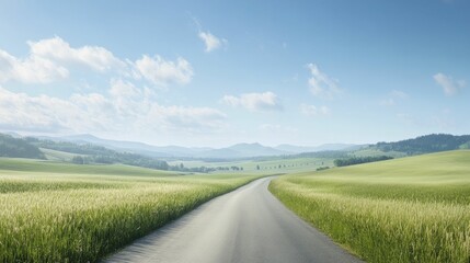 Obraz premium Scenic Road Winding Through Lush Green Field Under Clear Blue Sky, Capturing the Essence of Tranquility and Natures Beauty in Rural Landscapes