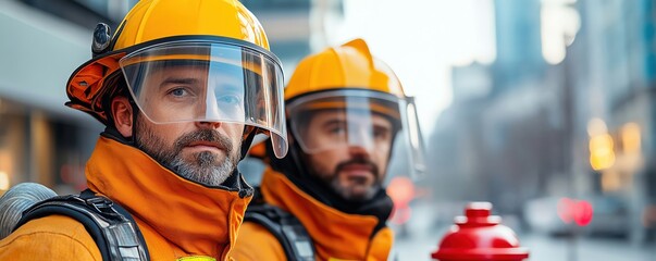 Firefighter next to a bright hydrant, city street reflections in their helmet visor, urban firefighting, hydrant and safety gear
