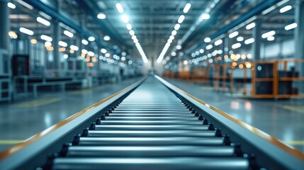 Fototapeta premium Inside of a factory with a long conveyor belt. Generative AI.