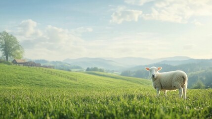 Fototapeta premium Serene Countryside Scene Featuring a Content Sheep Grazing in a Lush Green Field Under a Clear Blue Sky, Capturing the Essence of Rural Tranquility and Natures Beauty