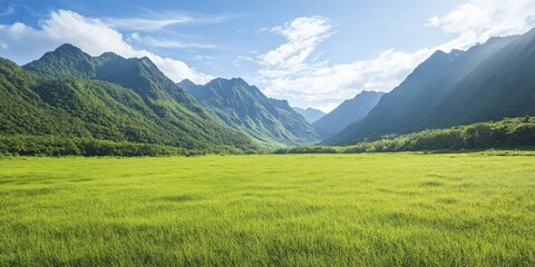 Fototapeta premium Serene Green Field with Majestic Mountains in the Background Under a Clear Blue Sky, Ideal for Nature Lovers and Tranquil Landscapes