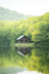 Serene Lakeside Cabin Retreat Surrounded by Natures Beauty, Reflected in Calm Waters Under a Clear Blue Sky