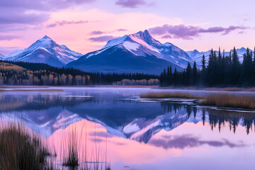 Serene Mountain Landscape at Dawn with Reflective Lake and Snow Capped Peaks