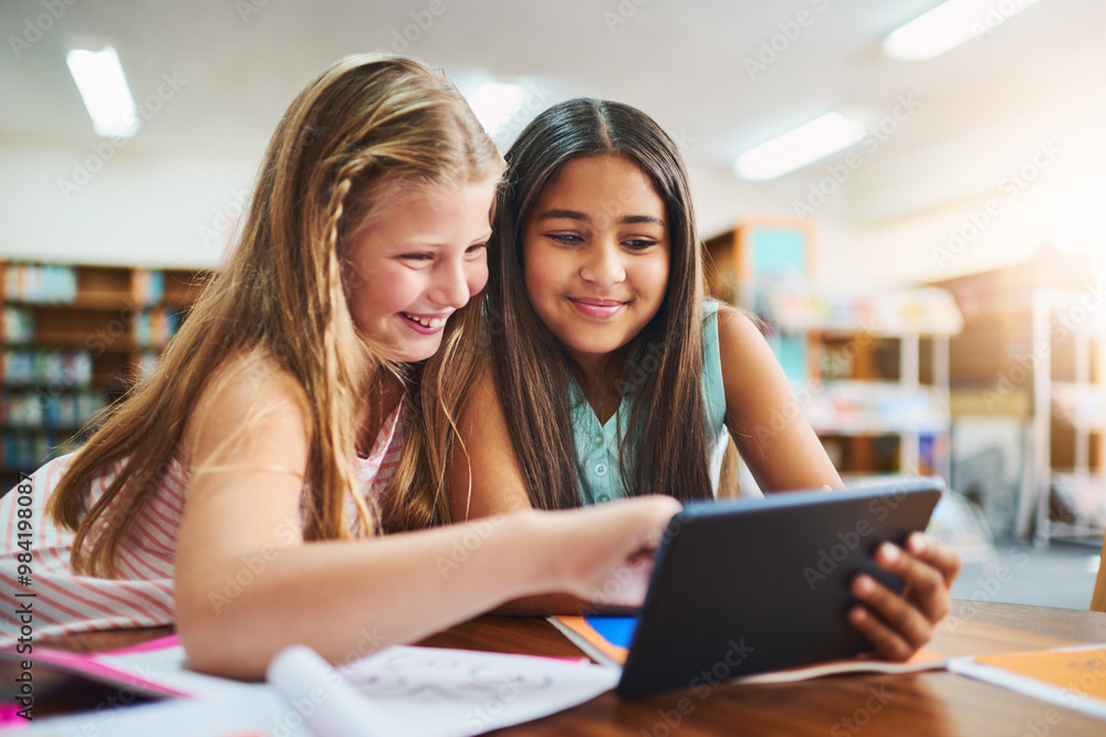 Poster teamwork, children and digital with tablet for education, elearning and math game for numbers solvin