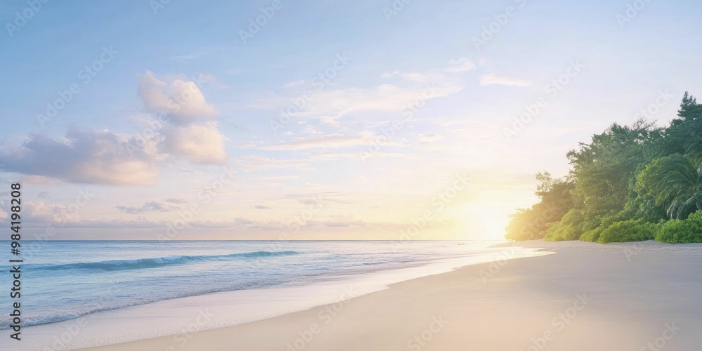 Canvas Prints Tranquil Beach at Sunset: Golden Sun Dips Below the Horizon, Casting Warm Hues Across Gentle Waves and Soft Sands, Creating a Serene Coastal Atmosphere for Relaxation