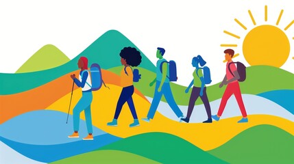 Colorful Illustration of Diverse Group Hiking Through Rolling Hills Under Bright Sun.
