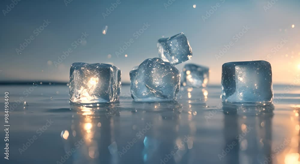 Poster glimmering ice cubes descend gracefully in a serene underwater tableau reflecting light and creating