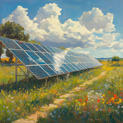 solar panels on the field oil painting