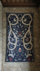 Textile Wall Art with Floral Patterns on Stone Wall