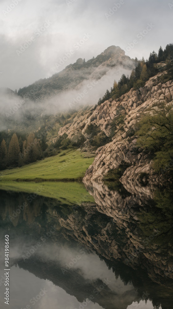 Sticker Misty Mountain Reflection Over Calm Waters