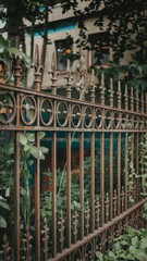 Rustic Iron Fence Behind Lush Greenery in Urban Setting