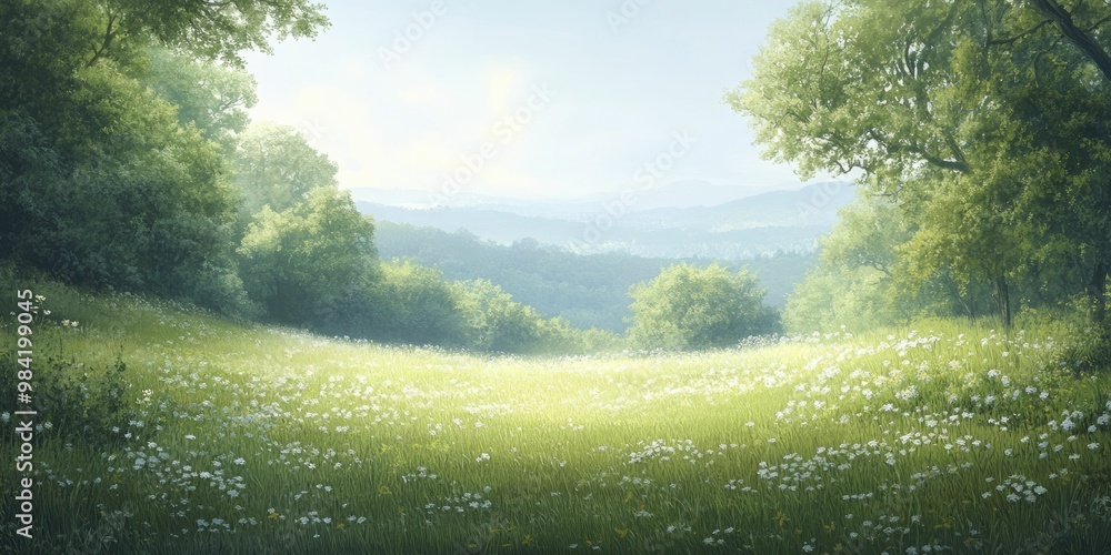 Wall mural Vibrant Field of Wildflowers Surrounded by Lush Green Trees Under a Clear Blue Sky, Capturing the Essence of Natures Beauty and Tranquility in a Serene Landscape