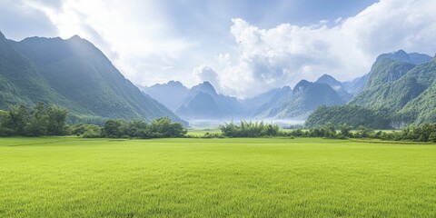 Vibrant Green Field Stretching Towards Majestic Mountains Under a Clear Blue Sky, Showcasing the Beauty of Nature and Serene Landscapes