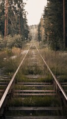 Fototapeta premium Overgrown Railway Tracks Surrounded by Forest