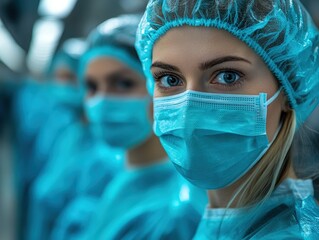 Focused healthcare worker in mask and cap, representing dedication and professionalism in medical environments.