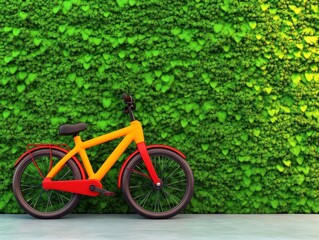 Fototapeta premium Sustainable Urban Mobility: Bicycles and Electric Cars by Lush Vertical Garden Wall in Eco-Friendly Cityscape