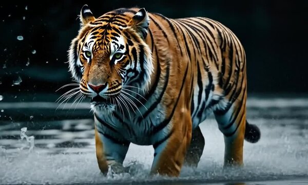 A fierce and dashing tiger walking in a shallow river.