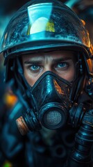 Fototapeta premium Intense portrait of a firefighter in a helmet and mask, showcasing determination and courage in a hazardous environment.