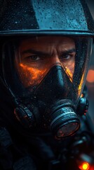 Fototapeta premium Intense portrait of a masked figure in a rain-soaked environment, showcasing determination and resilience amidst chaos.