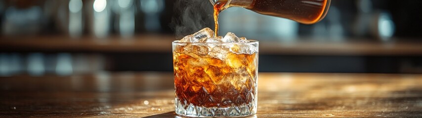 Refreshing glass of whiskey poured over ice, showcasing rich color and inviting texture in a cozy bar setting.
