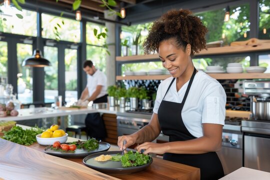 Smiling Female Chef Preparing Healthy Salad in Modern Kitchen