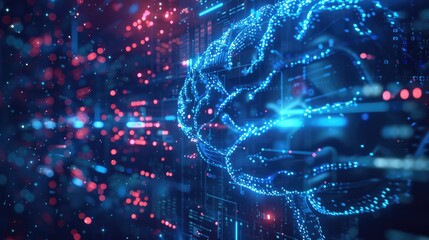 Machine Learning Background. Digital Brain Neural Network in Blue Tech with Connection and AI Concept