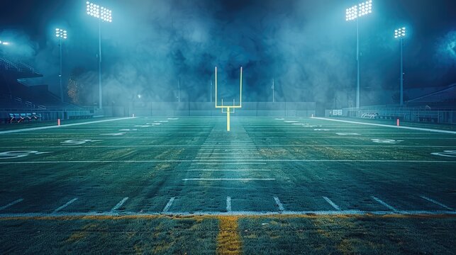 A football field with goal posts and stadium lights. Generative AI.