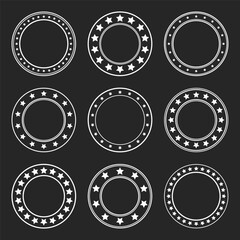 Stars of various sizes arranged in a circle. Round frame, border. Black star shape, simple symbol. Vintage logo, logotype design element, ornament. Vector illustration
