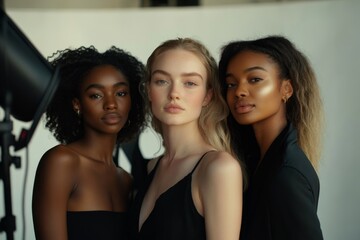 Obraz premium Three Women in Black Attire Pose for Photo Shoot