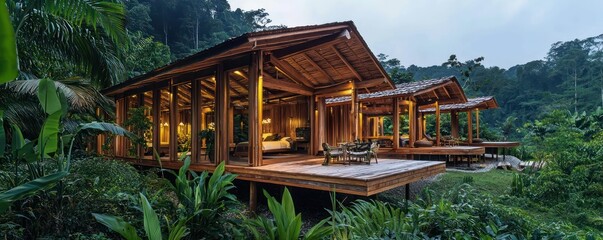 Obraz premium A wooden eco-lodge in a rainforest setting, designed with open-air structures that allow for natural cooling and minimal environmental impact