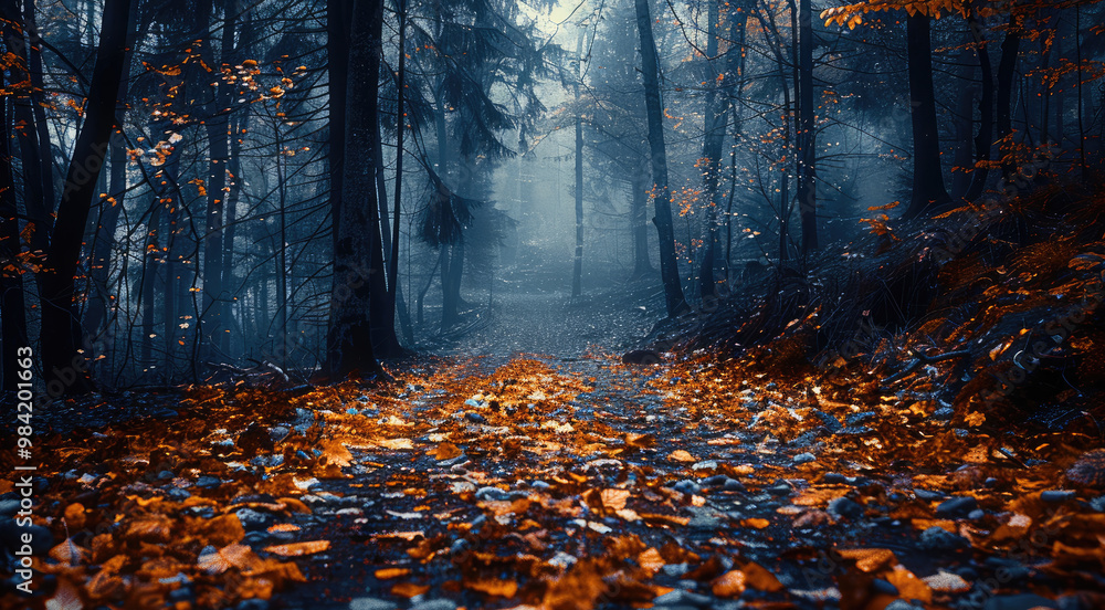 Poster a magical forest pathway lined with a mixture of autumn-colored and green trees. the ground is strew