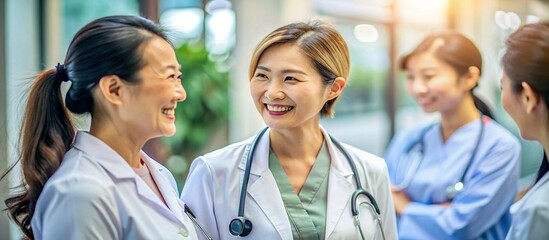 Asian healthcare professionals engaged in a conversation and smiling in the hospital corridor showcasing the importance of teamwork and communication in healthcare settings