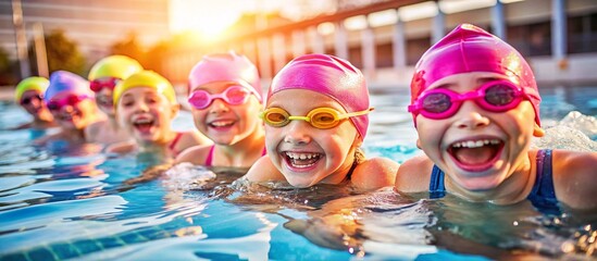 group of children laughing and swimming in an outdoor pool joyful expressions on their faces bright sunlight shines on the scene they wear colorful swim caps and goggles having fun