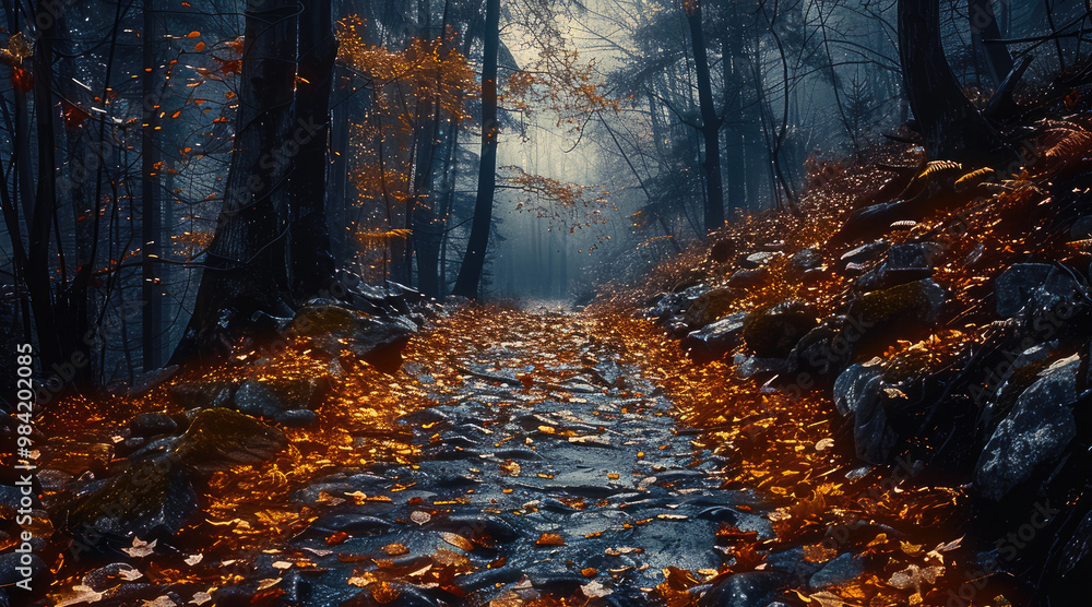 Poster a magical forest pathway lined with a mixture of autumn-colored and green trees. the ground is strew