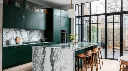 A bold and modern kitchen featuring dark green cabinetry and a marble island