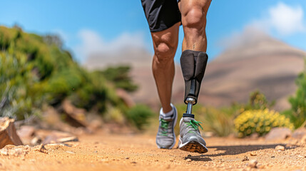 Athlete with Prosthetic Leg Running on a Scenic Outdoor Trail.