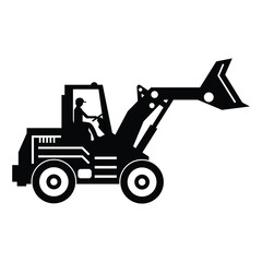 Black and White Excavator with Operator Silhouette