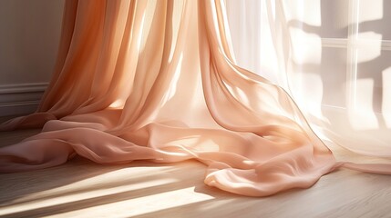 Soft, flowing curtains create a serene atmosphere with gentle light filtering through.