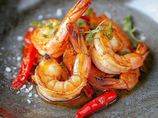 Stir-fried large shrimp with chili and salt, colorful and appetizing, served on a modern plate.