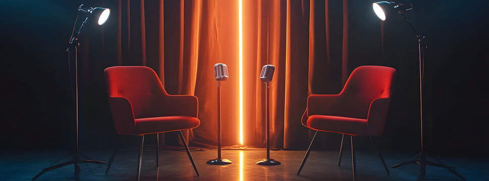 The concept of two chairs and microphones in their respective podcast or interview rooms on a dark background with copyspace can also be used to represent concepts of media conversations or podcast